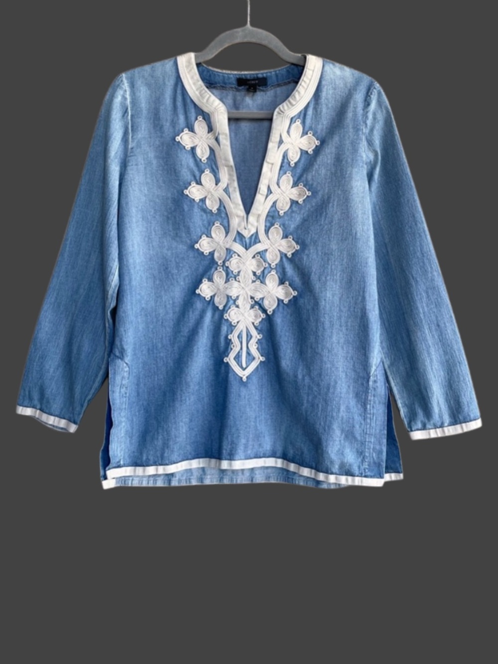 J. CREW Blue & Cream Chambray Textured Embroidered Cotton Tunic Top